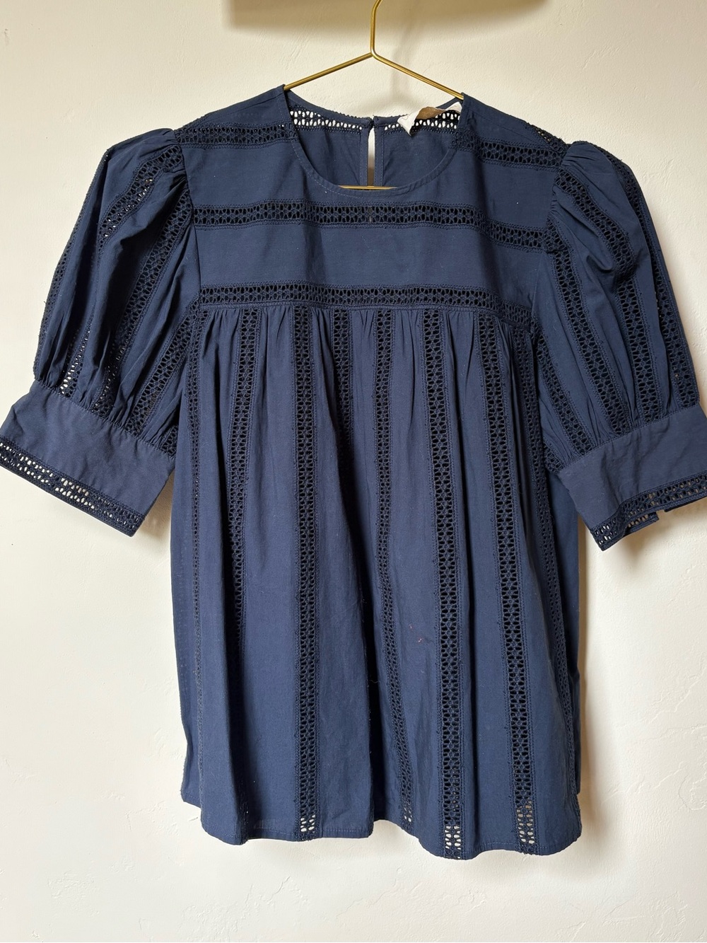 Ulla Johnson Navy Eyelet Lace Puff Sleeve Blouse